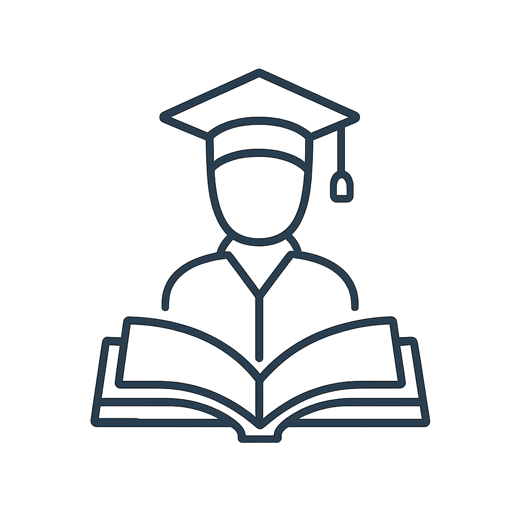 A simple dark blue line drawing of an open book with a person emerging from it, wearing a graduation cap.